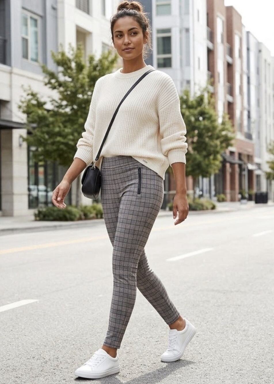 Calvin Klein Women's Size 8 Plaid Legging Pants Faux Leather Trim Slim Gray
